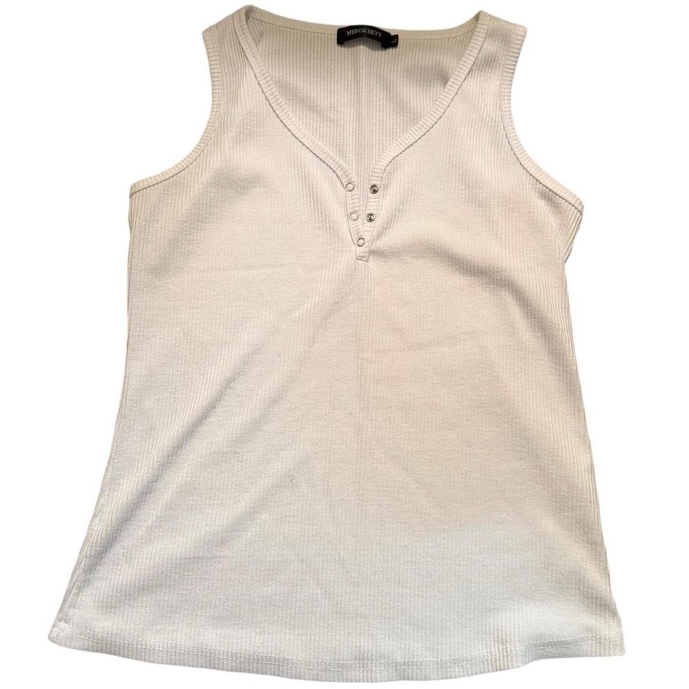 White Ribbed Henley Tank – MEROKEETY Size L
